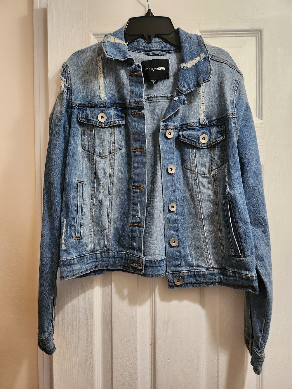 Fashion Nova Light Wash Distressed Denim Jacket - Blue
